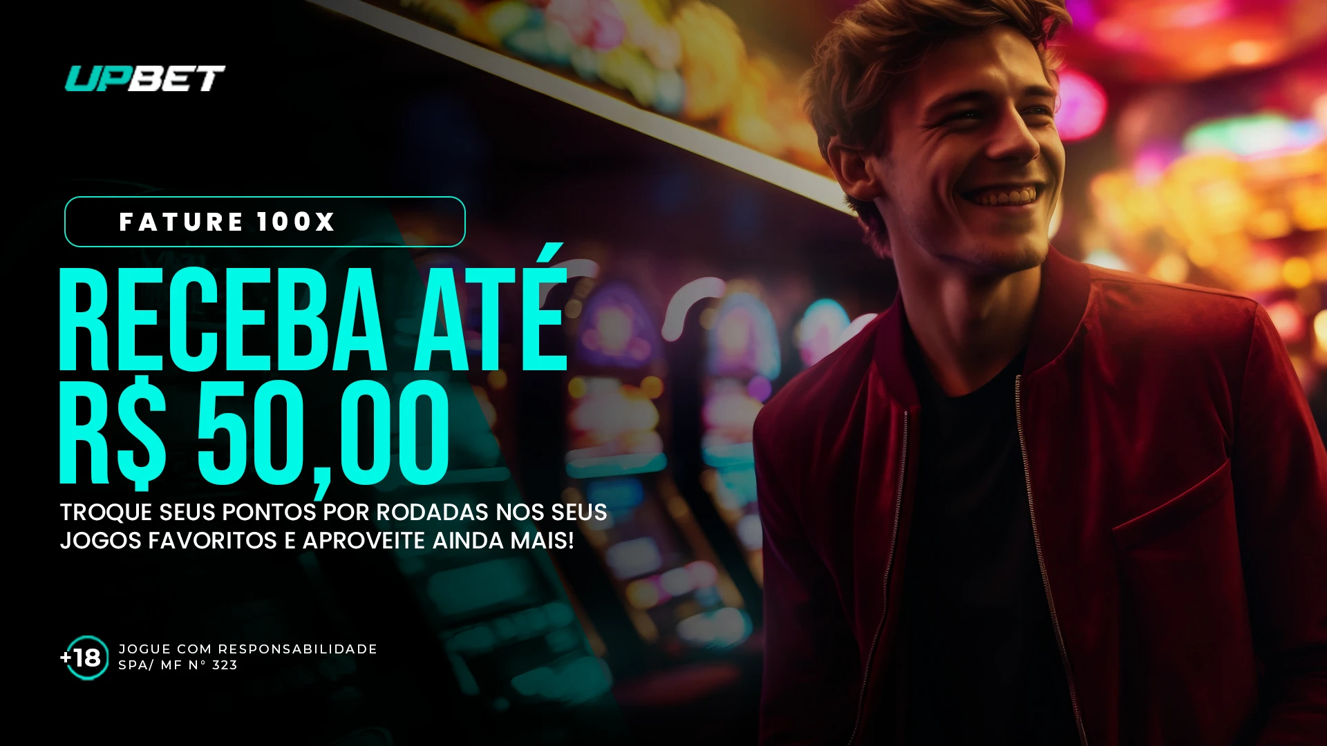 Banner da casa de apostas Futvale com a promoção 'Fature 100x'. O texto destaca 'Receba até R$ 50,00' e a mensagem para trocar pontos por rodadas nos jogos. A imagem mostra um homem sorridente em um ambiente de cassino. Banner da casa de apostas Futvale com a promoção 'Fature 100x'. O texto destaca 'Receba até R$ 50,00' e a mensagem para trocar pontos por rodadas nos jogos. A imagem mostra um homem sorridente em um ambiente de cassino.